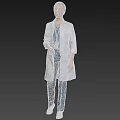 Woman doctor in white coat with stethoscope ID badge wearing blue scrubs and white shoes