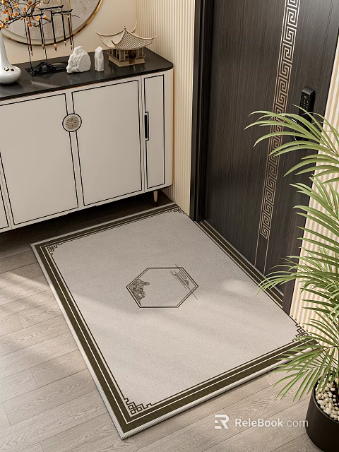 Wood Grain Hinged Door With White Cabinet Patterned Door Mat And Green Plant Interior 3d model 