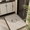 Wood Grain Hinged Door With White Cabinet Patterned Door Mat And Green Plant Interior
