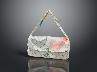 White Handbag With Blue Polka Dots Pink Floral Design And Colorful Straps Green Buckle 3d model