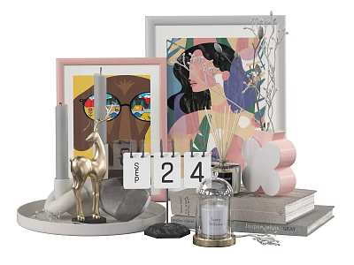 Modern Decorative Ornament Set With Framed Artworks Gold Deer Figurine Candle And Books 3d model