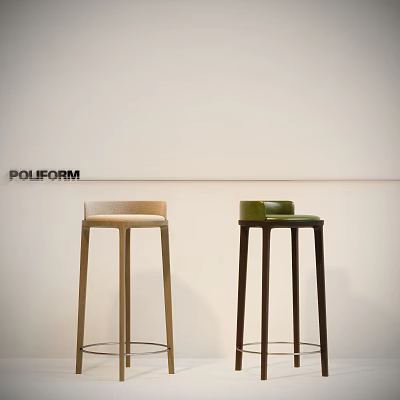 Poliform Modern Bar Stools In Light Wood And Green With Contrasting Legs On White Background 3d model