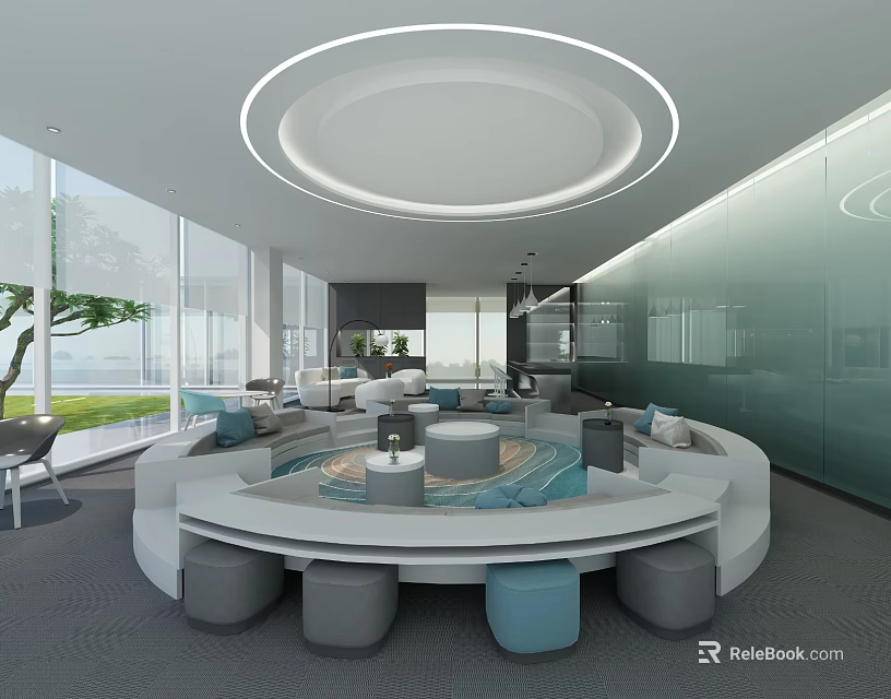 Modern Leisure Area With Round Sofa Circular Coffee Table Ottomans Large Windows Green Plant View 3d model 