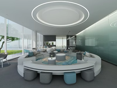 Modern Leisure Area With Round Sofa Circular Coffee Table Ottomans Large Windows Green Plant View 3d model
