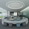 Modern Leisure Area With Round Sofa Circular Coffee Table Ottomans Large Windows Green Plant View