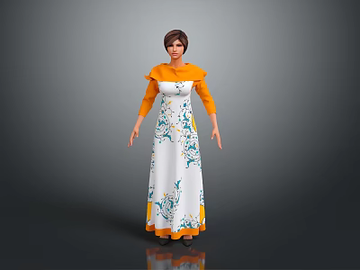 Elegant Female Character In White Long Dress With Green Blue Floral Patterns And Orange Trims 3d model