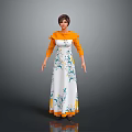 Elegant Female Character In White Long Dress With Green Blue Floral Patterns And Orange Trims