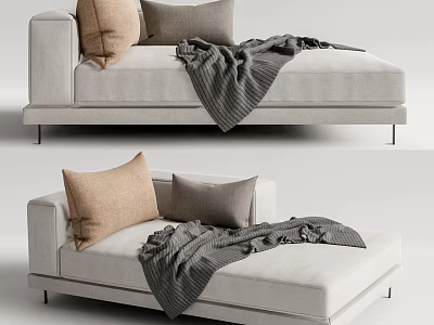 Modern Comfortable Light Toned Chaise Lounge With Beige Gray Pillows And Gray Blanket 3d model