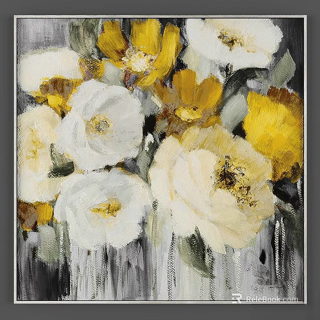Yellow and White Floral Oil Painting Frame with Gray Background and Art Design 3d model 
