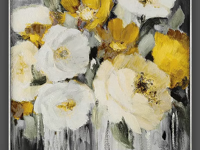 Yellow and White Floral Oil Painting Frame with Gray Background and Art Design 3d model