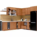 Modern Kitchen With Wooden Cabinets White Countertop Sink And Black Refrigerator