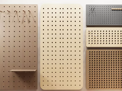 Pegboard Wall Decor With Various Wooden Beige Gray Designs Hole Patterns Hooks And Shelves 3d model