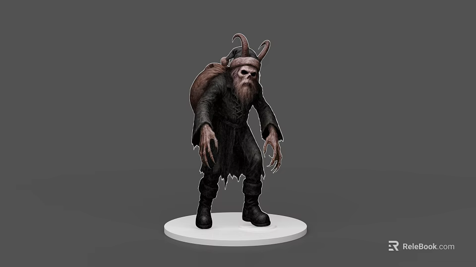Horned Game Movie Character With Backpack Long Fingers And Dark Clothing Standing On White Base 3d model 