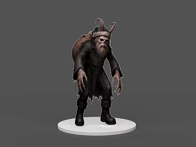 Horned Game Movie Character With Backpack Long Fingers And Dark Clothing Standing On White Base 3d model