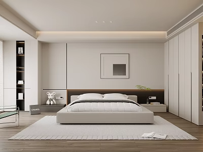 Modern Minimalist Bedroom Interior Design With Bed Wardrobe Rug Decorative Painting And Ceiling Lighting 3d model