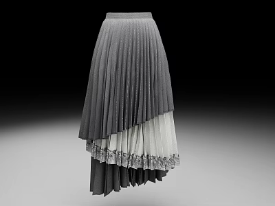 Stylish Pleated Skirt Design Featuring Asymmetrical Hem Gray White Lace Trim 3d model