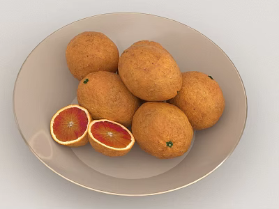 Ripe Blood Oranges on Ceramic Plate with Sliced Halves Showing Red Flesh 3d model