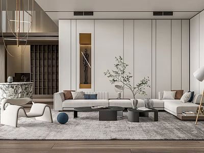 Modern Living Room Interior Design With White Sofa Coffee Table Grey Rug And Green Plant 3d model