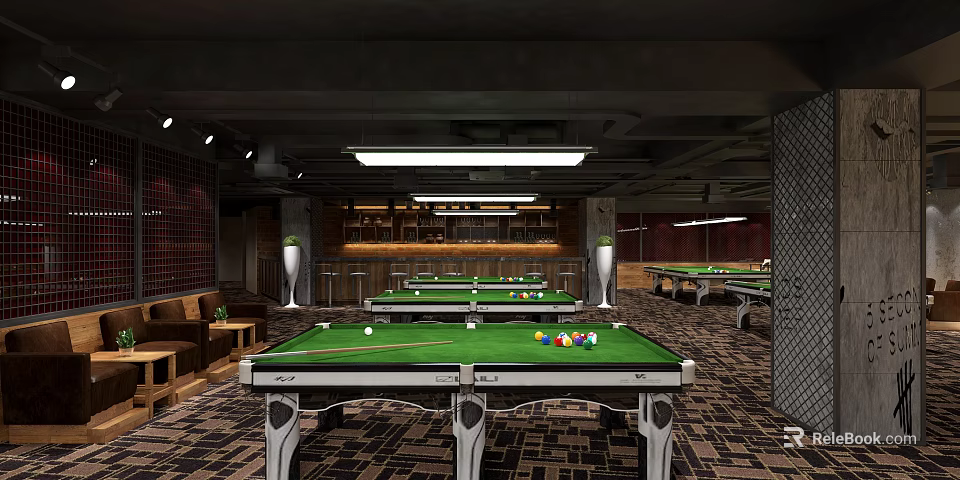 Modern Billiard Room Interior With Multiple Pool Tables And Lights 3d model 