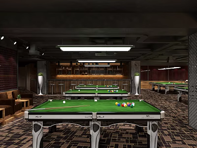 Modern Billiard Room Interior With Multiple Pool Tables And Lights 3d model