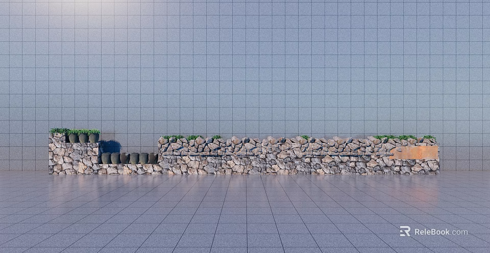 Stacked Stone Feature Wall With Green Plants And Tile Floor 3d model