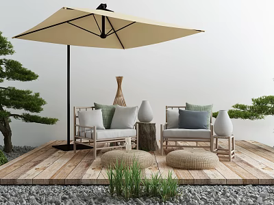 Outdoor Sofa with Cozy Green Gray Cushions on Wooden Deck and Beige Patio Umbrella 3d model