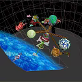 Cartoon Spaceship in Space with Earth Planets Satellites and Colorful Animated Elements