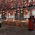 Japanese Restaurant With Traditional Cherry Blossom Decorations Hanging Lanterns Wooden Tables Chairs and Red Postbox