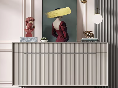 Elegant Modern Entryway Console Cabinet With Red Sculpture Painting Plant And Books 3d model