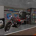 Red Motorcycle In Garage Studio With Graffiti Wall Tires And Vintage Plates