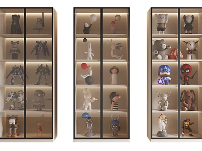 Stylish Glass Door Figure Display Cabinet With Shelves And Various Collectible Figures 3d model
