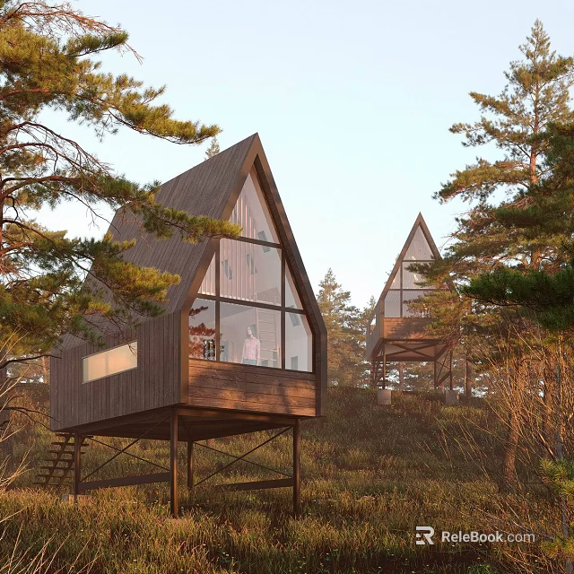Scenic Stilted Forest Guesthouses With Triangular Roofs And Large Glass Windows 3d model 