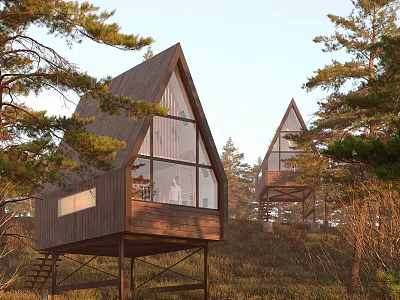 Scenic Stilted Forest Guesthouses With Triangular Roofs And Large Glass Windows 3d model