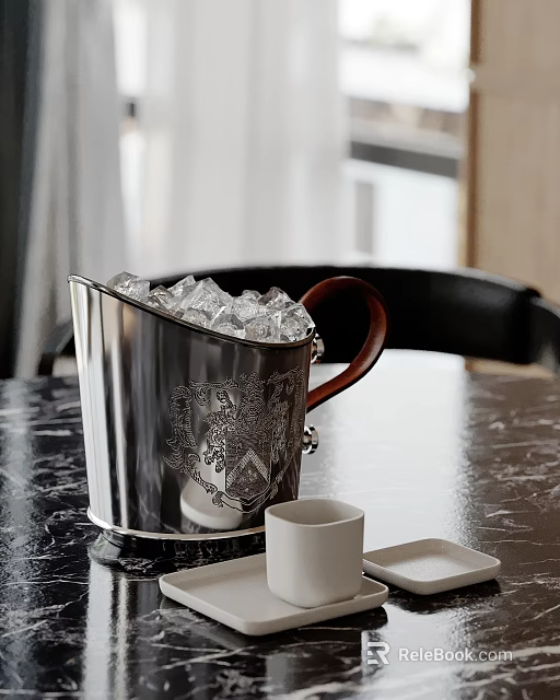 Elegant Decorative Ornament Set With Silver Ice Bucket Wooden Handle And Ice Cubes 3d model 