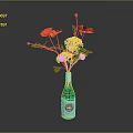 Decorative Green Wine Bottle With Red Poppies And Blue Hydrangeas Arrangement