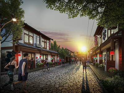 Traditional Commercial Street with Cobblestone Path Pedestrians Sunset Street Lamps Trees and Red Lanterns 3d model