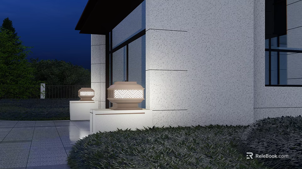 Entrance Gate With Stone Lantern Shaped Lamps White Walls Green Plants Under Blue Night Sky 3d model 