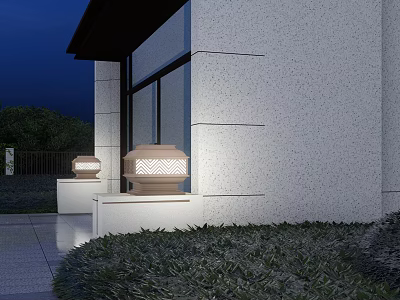 Entrance Gate With Stone Lantern Shaped Lamps White Walls Green Plants Under Blue Night Sky 3d model