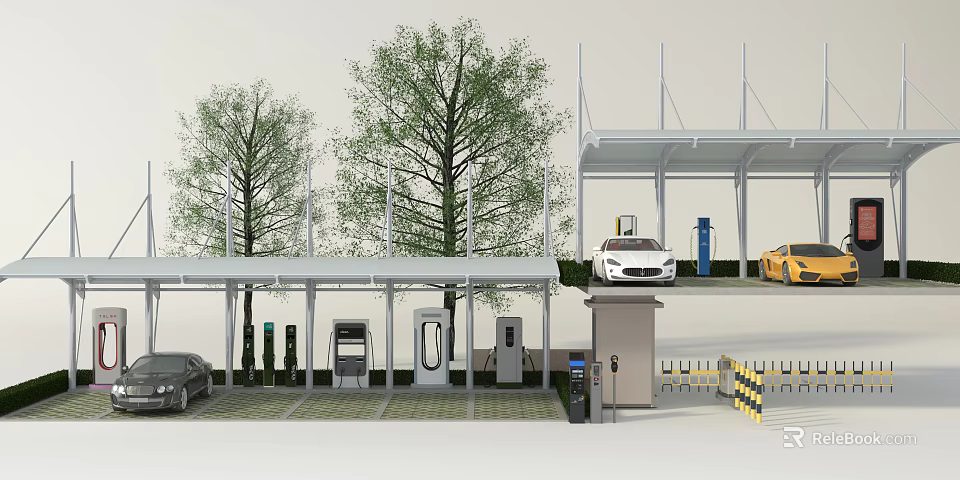 Modern Electric Vehicle Charging Station With Canopies Trees And Entrance Gate 3d model 