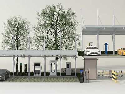 Modern Electric Vehicle Charging Station With Canopies Trees And Entrance Gate 3d model