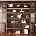 Dark Wood Bookcase with Glass Doors Multiple Shelves Built in Lighting and Decorative Items