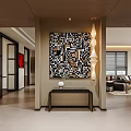Gray Sectional Sofa with Throw Pillows Blanket Coffee Table and Bookshelves on Diamond Pattern Rug