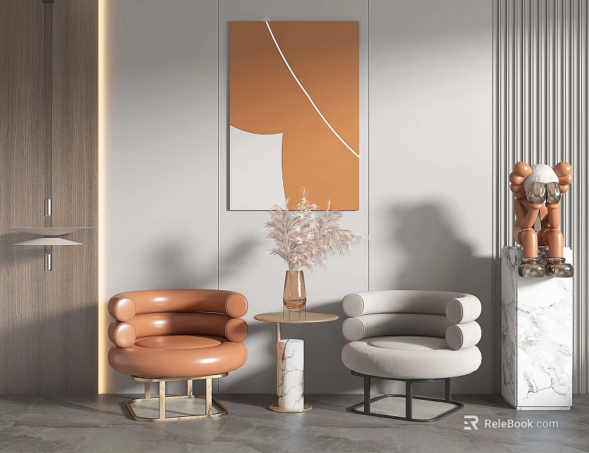Stylish Leisure Sofa Set with Orange and Gray Sofas Side Table Vase and Wall Art 3d model