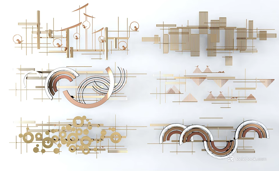 Modern Metallic Wall Decor With Geometric Patterns And Abstract Curved Shapes 3d model 