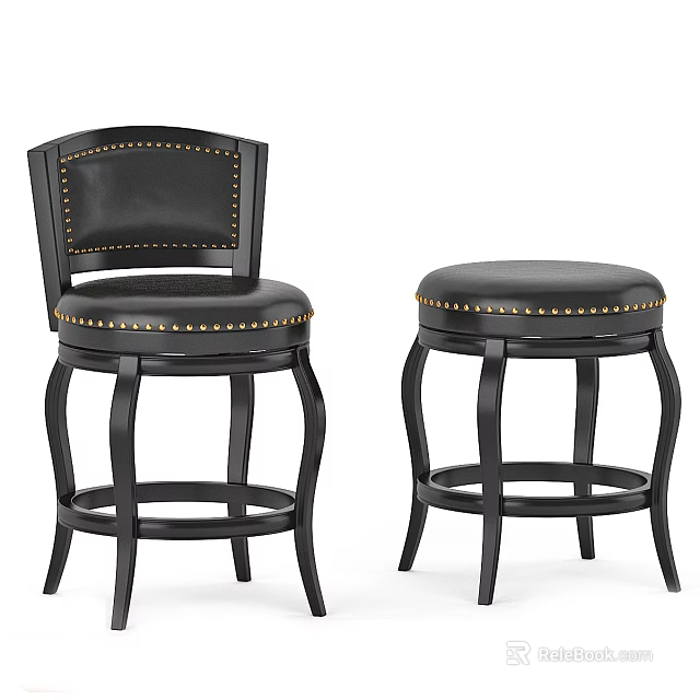 Modern Black Leather Bar Stools With Nailhead Trim Backrest And Armless Design 3d model 