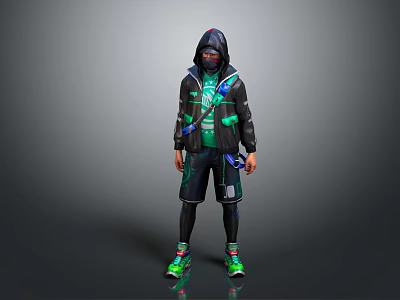 Stylish Character Wearing Black Hoodie Shorts And Green Sneakers With Blue Accents On Gray Background 3d model