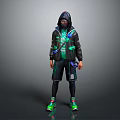 Stylish Character Wearing Black Hoodie Shorts And Green Sneakers With Blue Accents On Gray Background