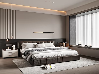 Modern Bedroom Interior With Upholstered Bed Vertical Striped Wall Recessed Lighting And Gray Rug 3d model