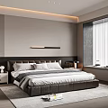 Modern Bedroom Interior With Upholstered Bed Vertical Striped Wall Recessed Lighting And Gray Rug