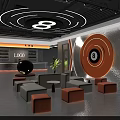 Modern Billiard Room With Black Eight Ball Pool Tables And Orange Seats